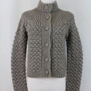 Vintage MODA Chunky Gray Wool Blend Popcorn Knit Aran Cardigan Sweater  xs